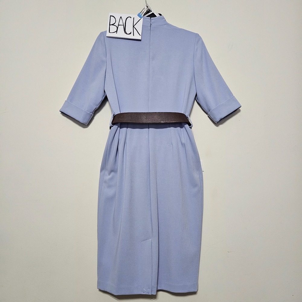 Donna Karan Dress 4 Pastel Blue Sheath Short Sleeves Collar V-neck Belt 0956 - Picture 5 of 9